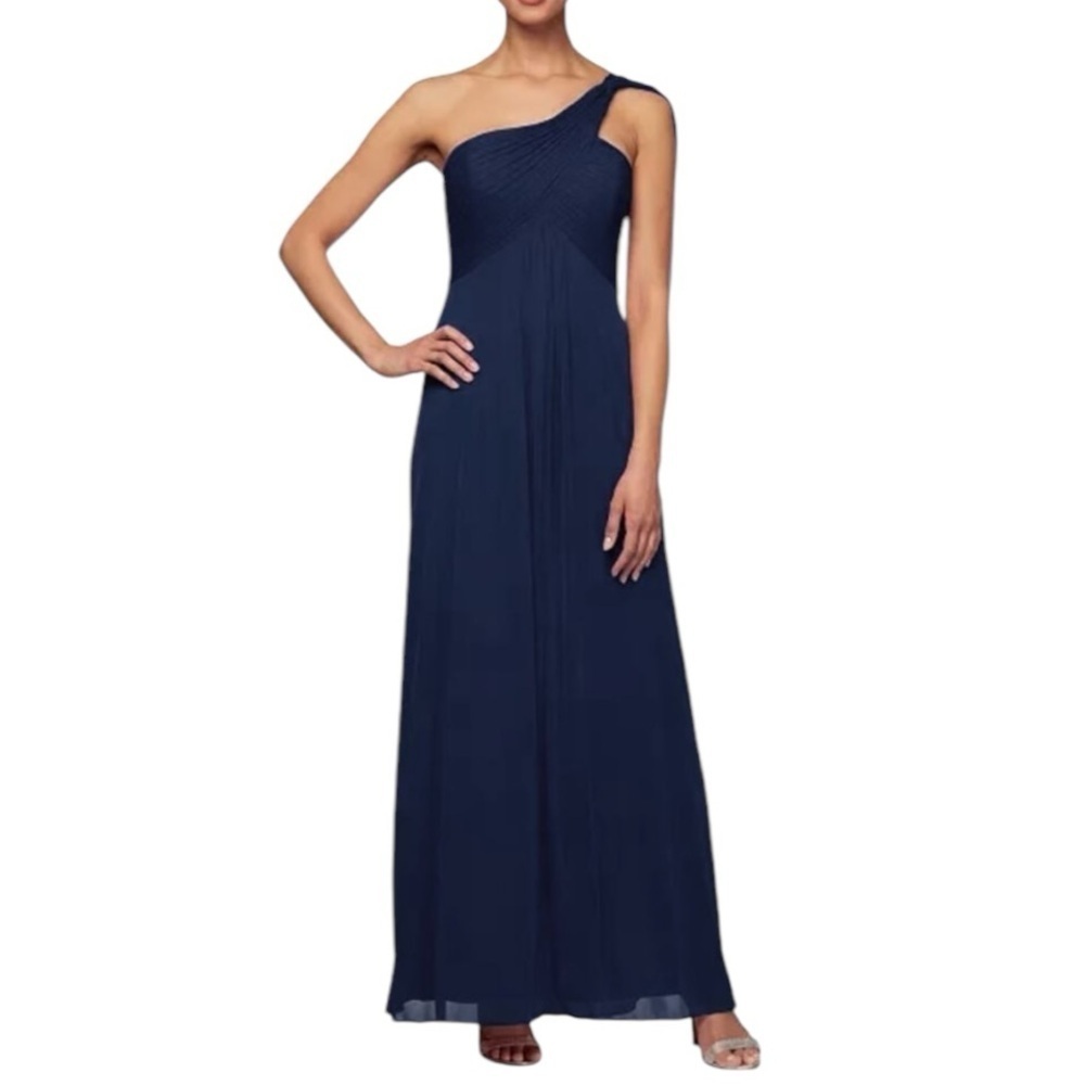 Alex Evening Chiffon One-Shoulder Bodice Wedding Formal Dress Dark Navy Blue